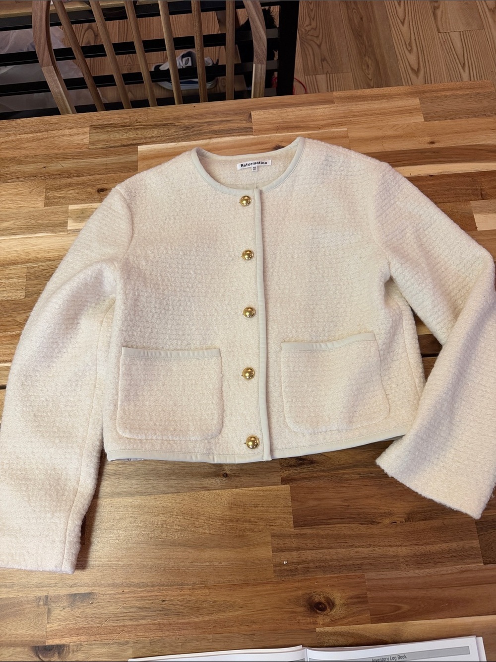 Reformation Dale Wool Cropped Women's Cream Bouclé gold Button-Front Jacket XS - Picture 3 of 7